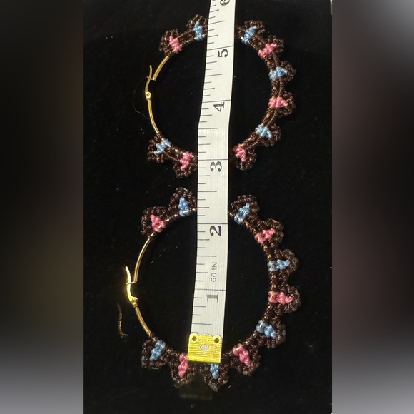 Large Boho Hoop Earrings. Brown, Blue & Pink Crochet. Bohemian Handcrafted. - Picture 3 of 3